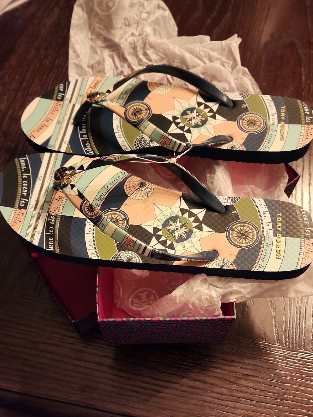 NIB Tory Burch Multicolor Geometric Logo Flip Flops - Pink, Blue, Green, Brown - Picture 2 of 7